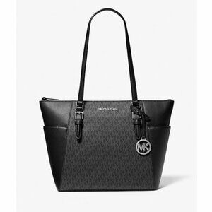 MICHAEL Michael Kors Charlotte Large Logo and Leather Top-Zip Tote Bag Black